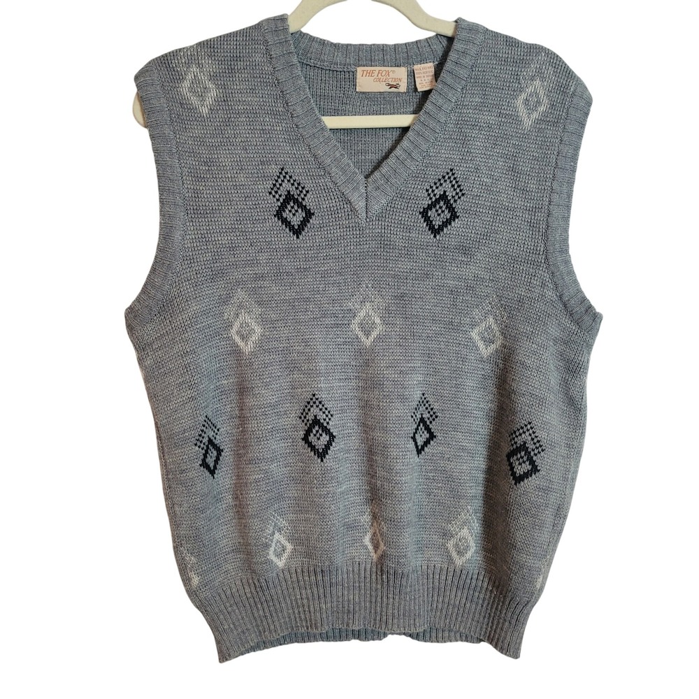 The Fox Collection Mens Vintage Grey Geometric Diamond V-Neck Sweater Vest Large